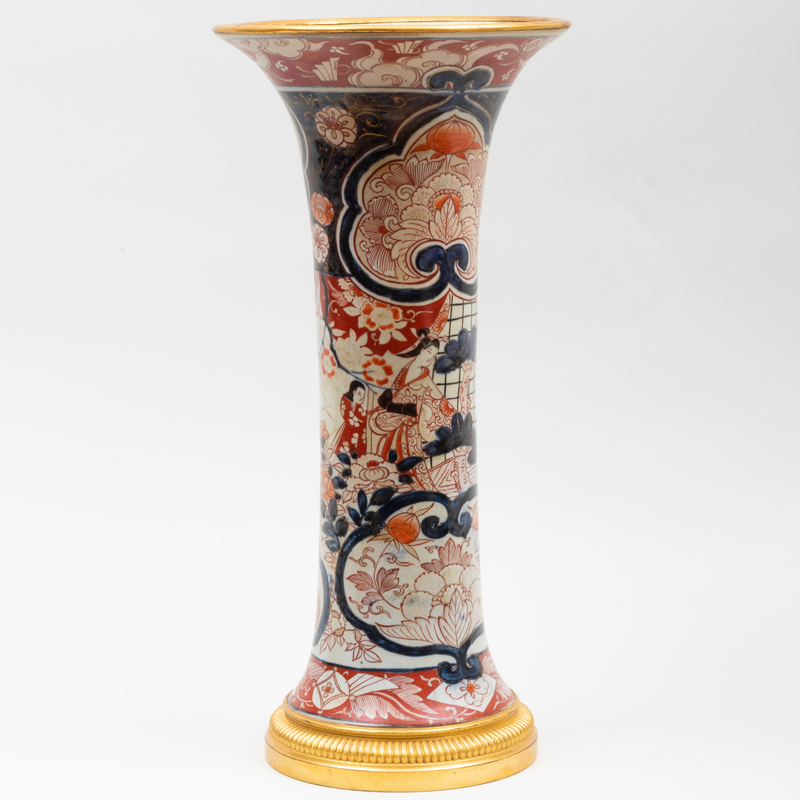 Appraisal: LARGE JAPANESE GILT-METAL-MOUNTED IMARI PORCELAIN VASE Unmarked x in diam