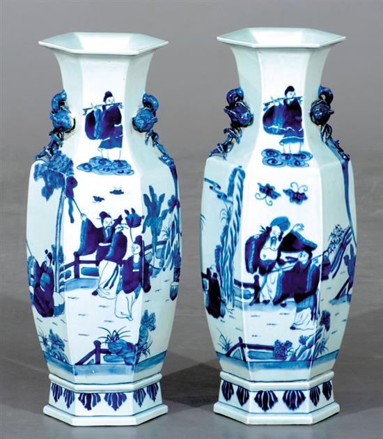 Appraisal: Pair Chinese blue-and-white vases hexagonal balustrade form decorated with court