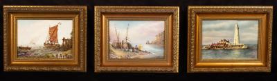 Appraisal: Three Royal Worcester painted porcelain wall plaques two depicting fishing