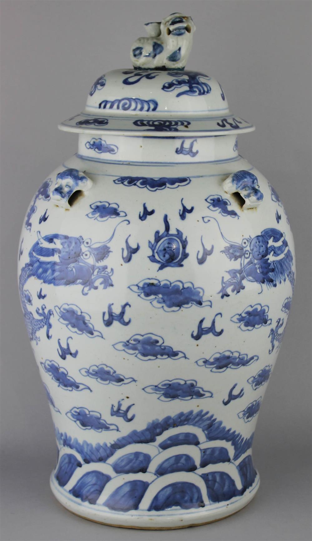 Appraisal: CHINESE BLUE AND WHITE BALUSTER JAR AND COVER loosely painted