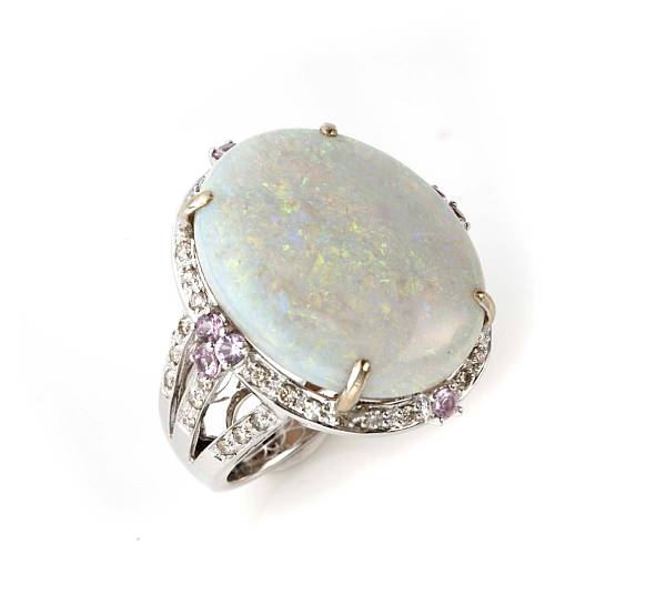 Appraisal: An opal diamond pink sapphire and k white gold ring