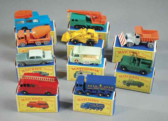 Appraisal: TEN MATCHBOX TOY VEHICLES including numbers Fire Truck Sugar Container