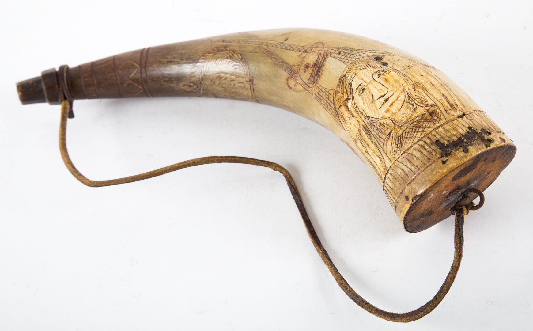 Appraisal: American carved powder horn th century with incised Indian and