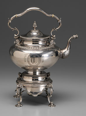 Appraisal: Tiffany coin silver hot water kettle egg-and-dart borders ram's head