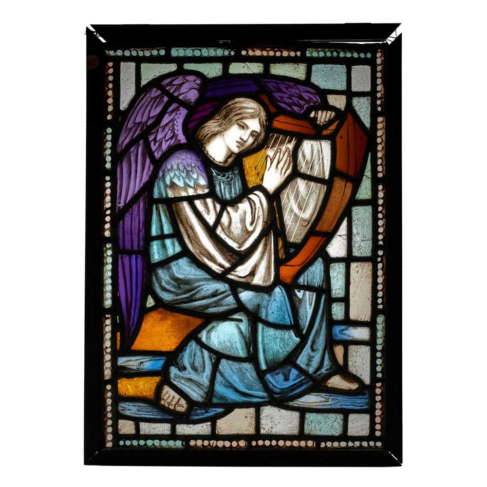 Appraisal: SCOTTISH ANGELIC HARPIST ARTS CRAFTS PANEL CIRCA stained leaded and