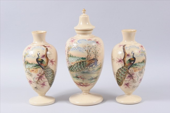 Appraisal: THREE-PIECE FRENCH ENAMELLED GLASS VASE GARNITURE late th century Oviform