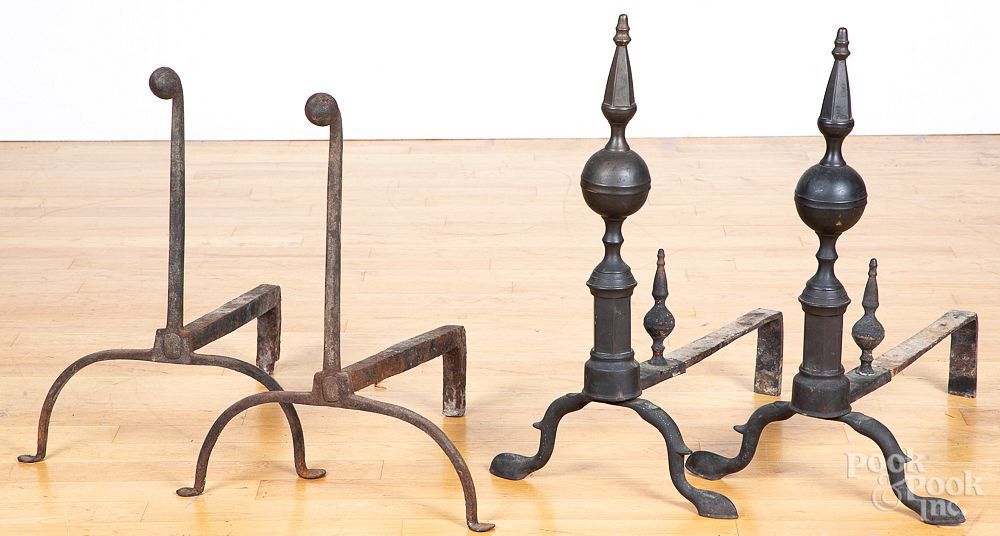 Appraisal: Two pairs of wrought iron andirons etc Two pairs of