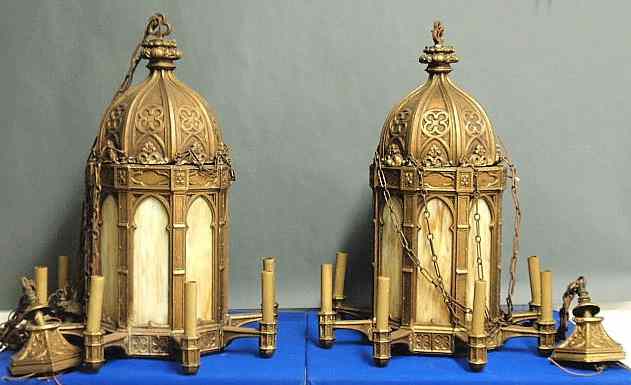 Appraisal: Massive pair of Gothic gilt composition hanging lanterns c with