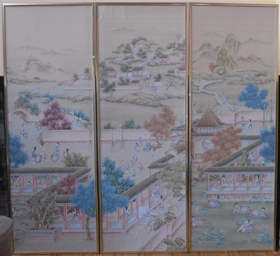 Appraisal: THREE LARGE PAINTED SILK PANELS Landscapes with figures and houses