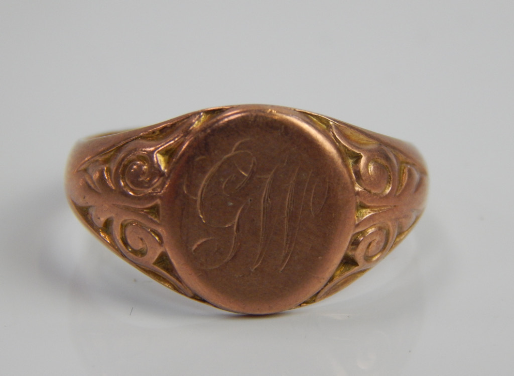 Appraisal: A ct gold signet ring with inscription to inside Patty