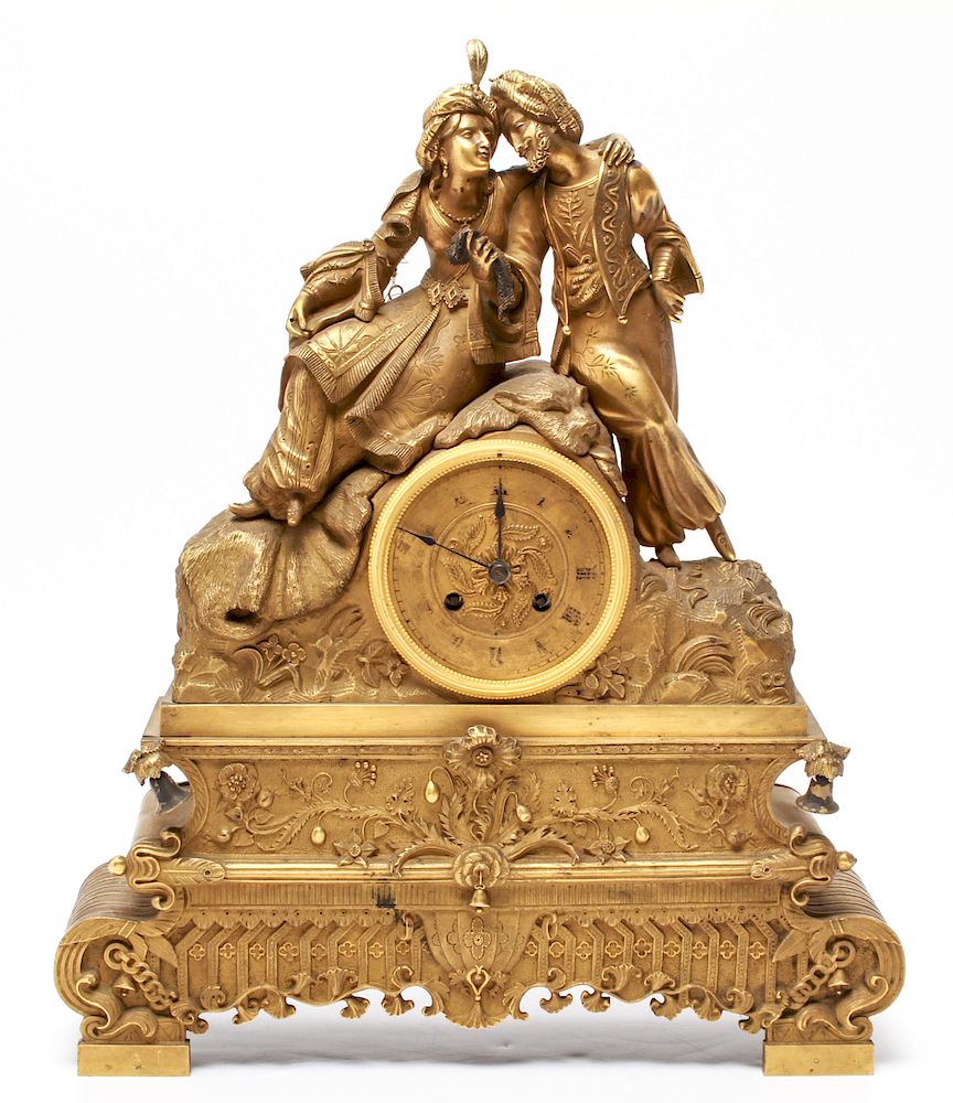 Appraisal: Orientalist Gilt-Bronze Figurative Mantel Clock Orientalist gilt-bronze ornate figurative mantel