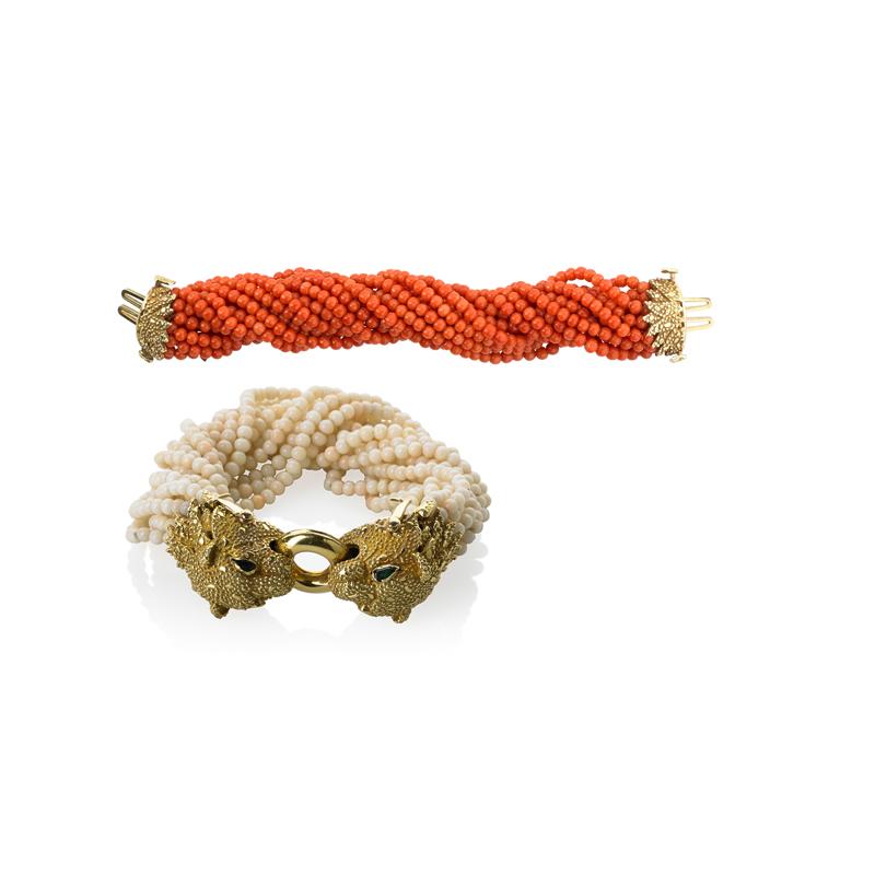 Appraisal: METAMORPHIC CORAL GOLD LEOPARD MASK BRACELET Condition Report Repair one