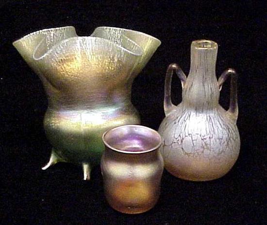 Appraisal: Three pieces iridescent art glass two marked ''LCT'' one with