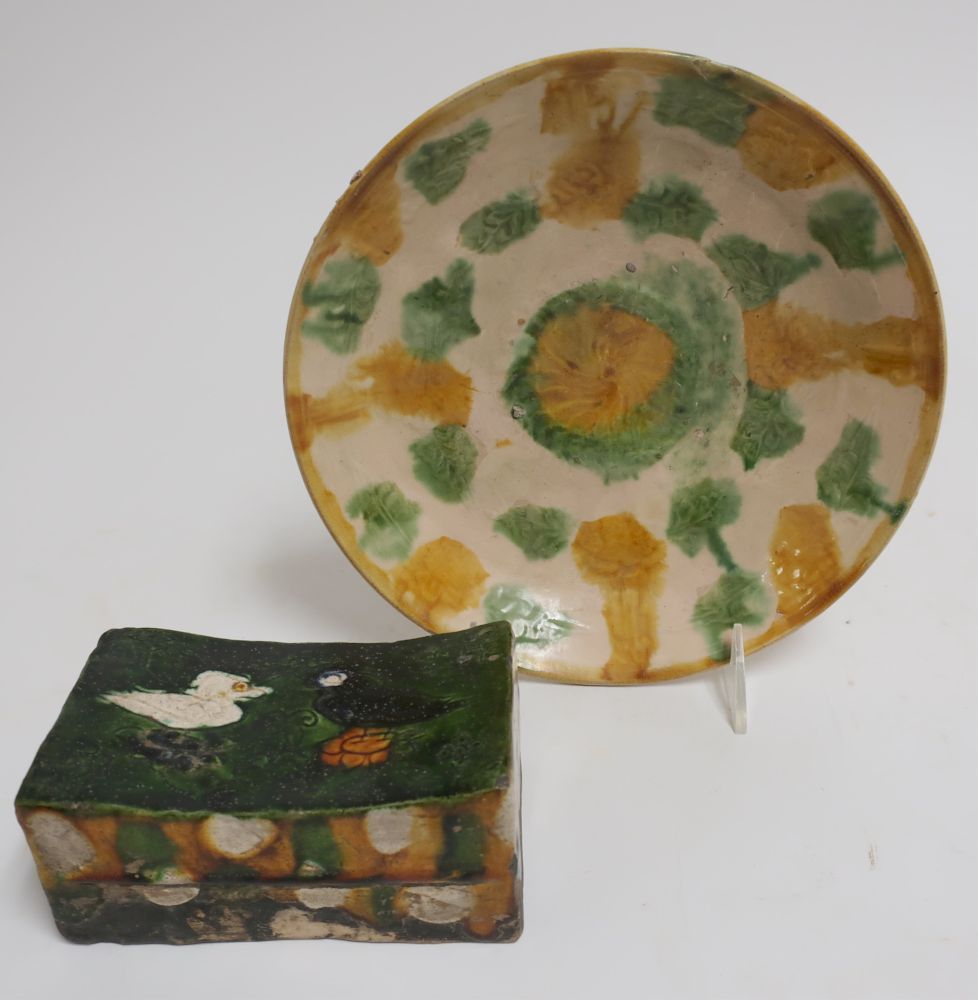 Appraisal: Sancai Glazed Dish and Pillow Footed dish with a light