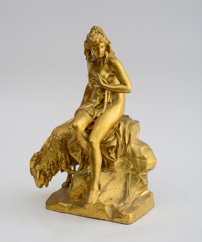 Appraisal: FRENCH SCHOOL SEATED MAIDEN WITH RAM Gilt-bronze with the 'F