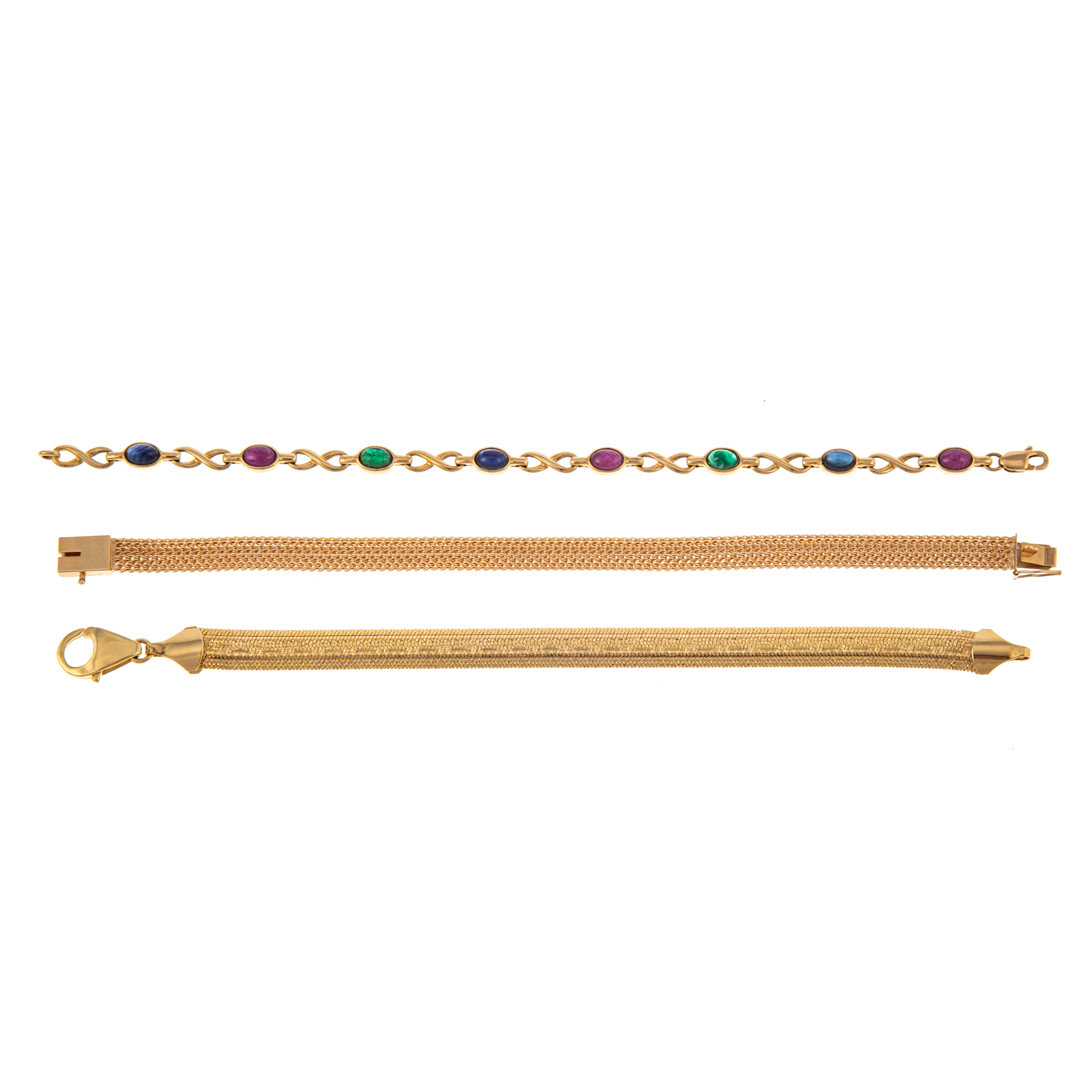 Appraisal: A TRIO BRACELETS IN K ASSORTED GEMSTONES K yellow gold