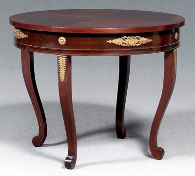 Appraisal: French Empire style center table bookmatched mahogany veneer ormolu mounted