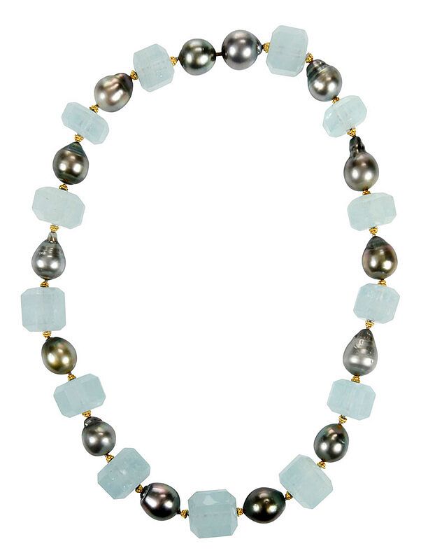 Appraisal: kt Pearl and Aquamarine Necklace knotted baroque Tahitian pearls ranging