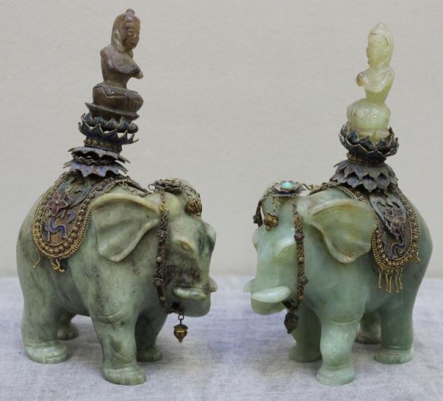 Appraisal: Pair of Antique Chinese Jade Elephants withFigures of Buddha Seated