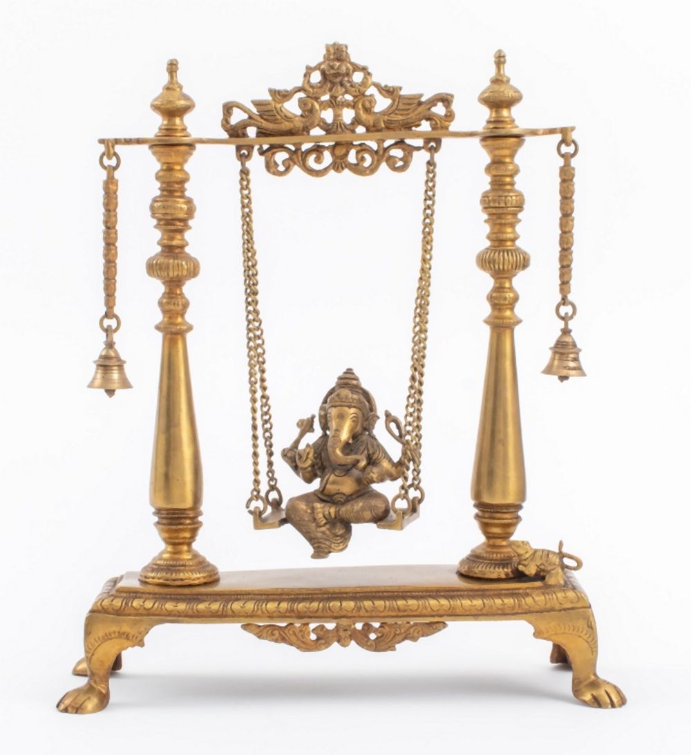 Appraisal: INDIAN GILT BRONZE GANESHA ON SWING SCULPTURE Indian gilt bronze