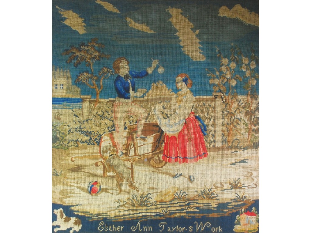 Appraisal: EARLY VICTORIAN BERLIN WOOLWORK SAMPLER depicting two children and dog