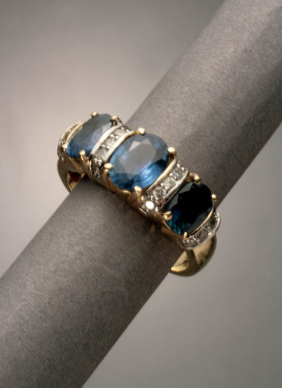 Appraisal: -Karat Yellow and White-Gold Diamond and Triple-Blue Sapphire Dinner Ring