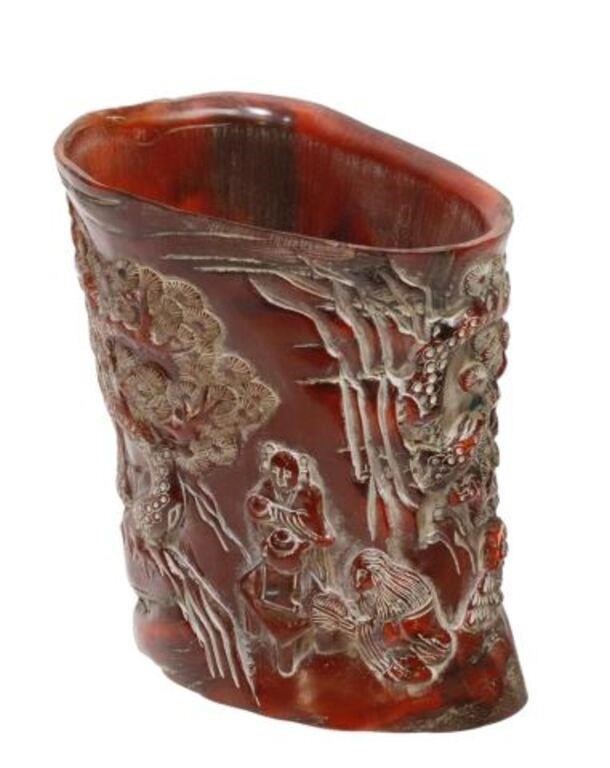 Appraisal: Chinese horn libation cup carved in relief with figures among