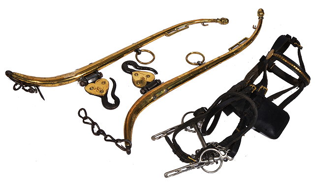 Appraisal: A PAIR OF ANTIQUE BRASS HORSE HAMES with iron fittings