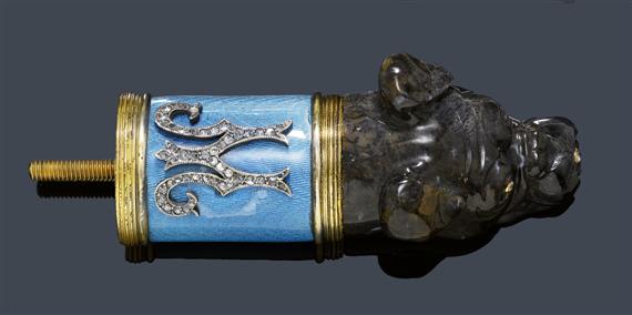 Appraisal: CHALCEDONY AND ENAMEL CANE HANDLE Moscow - Silver gold-plated Attractive