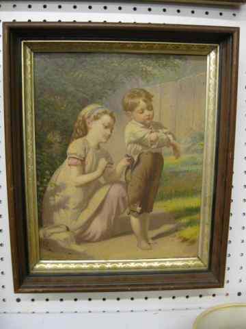 Appraisal: Victorian Chromolithograph of Girl mendinglittle brother's pants image area ''