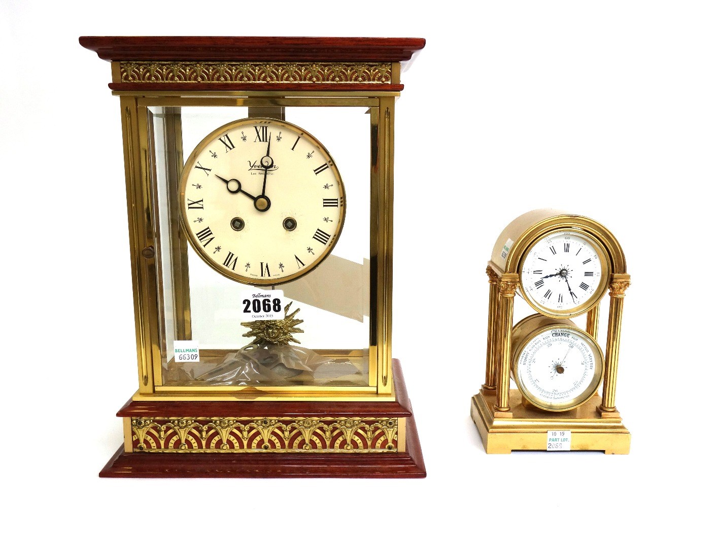 Appraisal: A gilt brass cased mantel clock barometer compendium each barrel