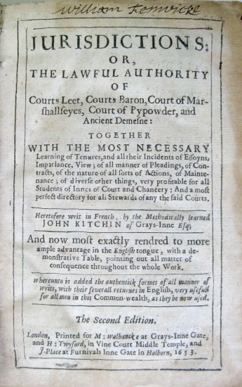 Appraisal: KITCHIN JOHN Jurisdictions or The Lawful Authority of Courts Leet