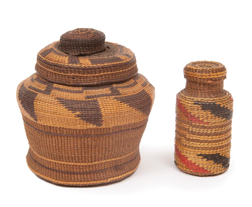 Appraisal: Tlingit Basketry Bottle and Cover h in TOGETHER WITH basketry