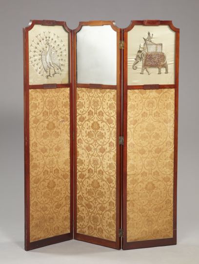 Appraisal: Anglo-Indian Mahogany Damask and Glass Tri-Fold Screen first quarter th