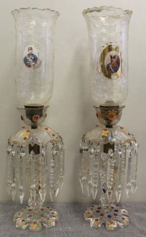 Appraisal: Pair of Antique Bohemian Hurrican Candle Lamps Cut and gilded