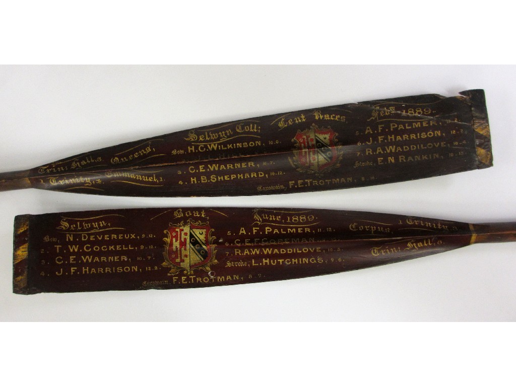 Appraisal: Two Selwyn College Cambridge full length feet oars to include