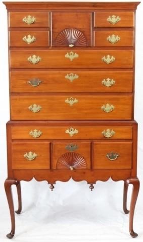 Appraisal: TH C AMERICAN QUEEN ANNE HIGHBOY CHERRY WOOD DOUBLE FAN