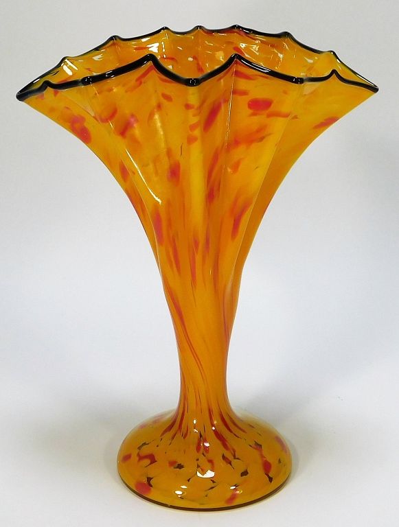 Appraisal: Kralik Bohemian Czech Splatter Art Glass Fan Vase Bohemia Early