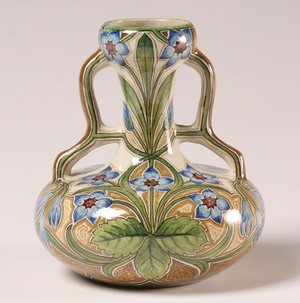 Appraisal: Cantagalli majolica double handled vase floral and geometric design Marked