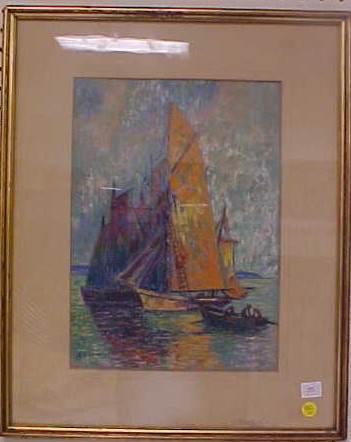 Appraisal: th C pastel on paper water scene with sailing vessels