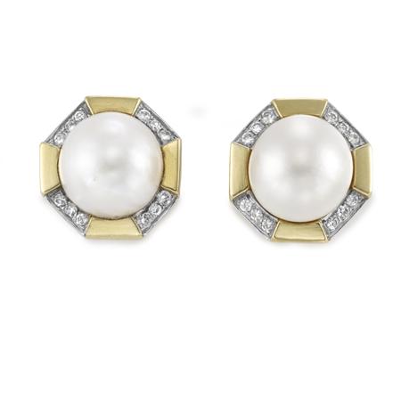 Appraisal: Pair of Gold Mabe Pearl and Diamond Earclips Estimate -