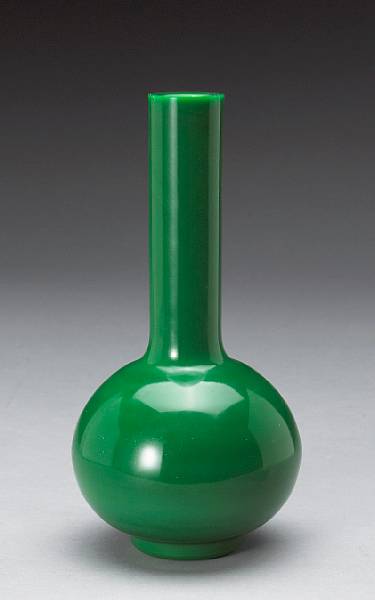 Appraisal: A leaf-green Peking glass stick neck vase Late Qing Republic