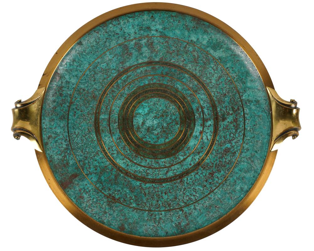 Appraisal: BRASS-INLAID ROUND COPPER TRAYpartially legible signature to underside Carl S