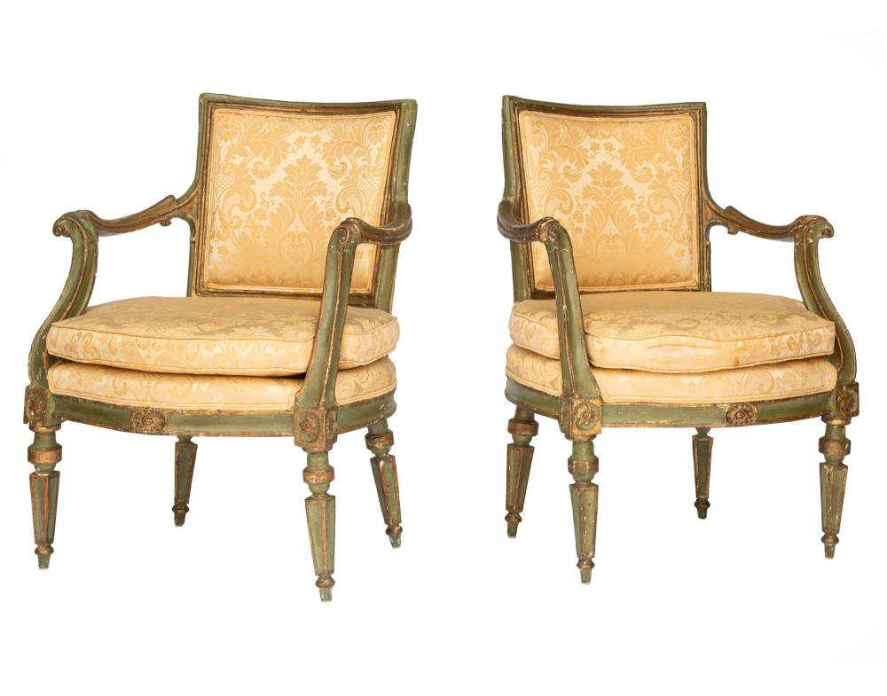 Appraisal: Pair of Venetian Carved Painted and Parcel Gilt Armchairs th