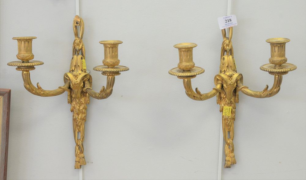 Appraisal: Pair French Gilt Bronze Sconces two-light with rams heads mask