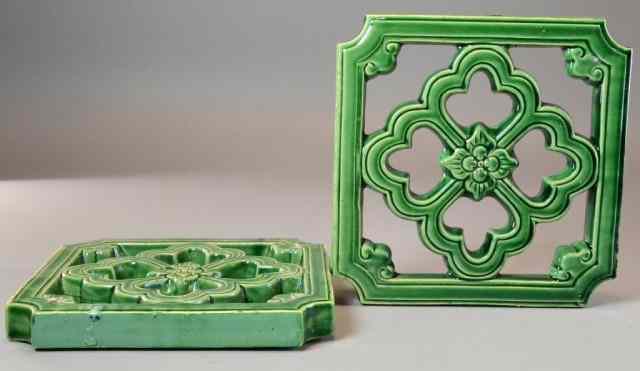 Appraisal: Pr Chinese Green Glazed Wall TilesTo include two green glazed