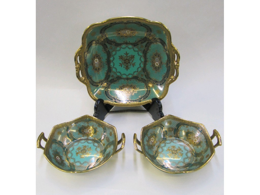 Appraisal: Three Noritake dishes decorated in green and gilt