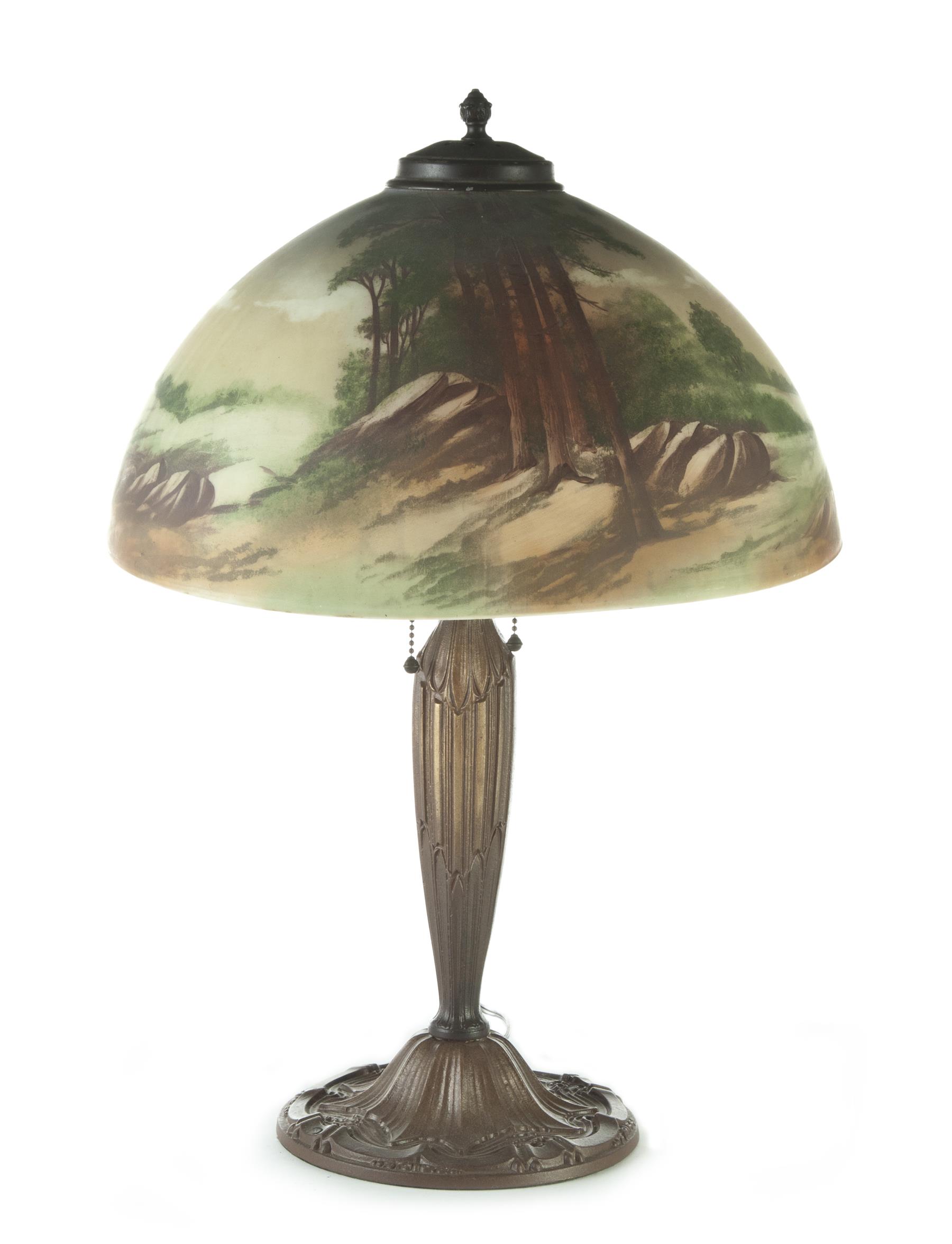 Appraisal: TABLE LAMP WITH PAINTED MILK GLASS SHADE American st quarter-