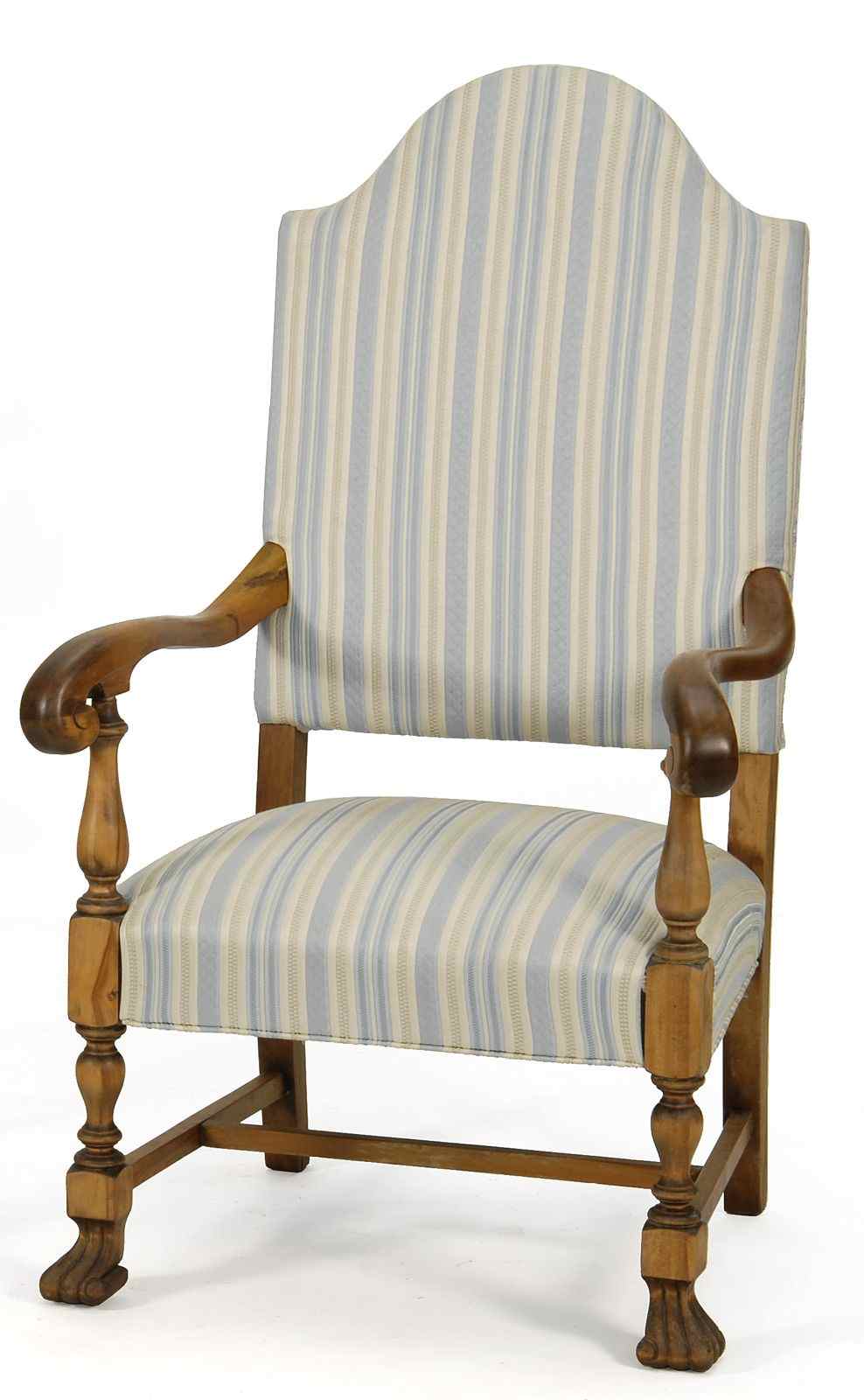 Appraisal: WILLIAM MARY-STYLE GENTLEMAN'S ARMCHAIRIn figured maple with striped upholstery