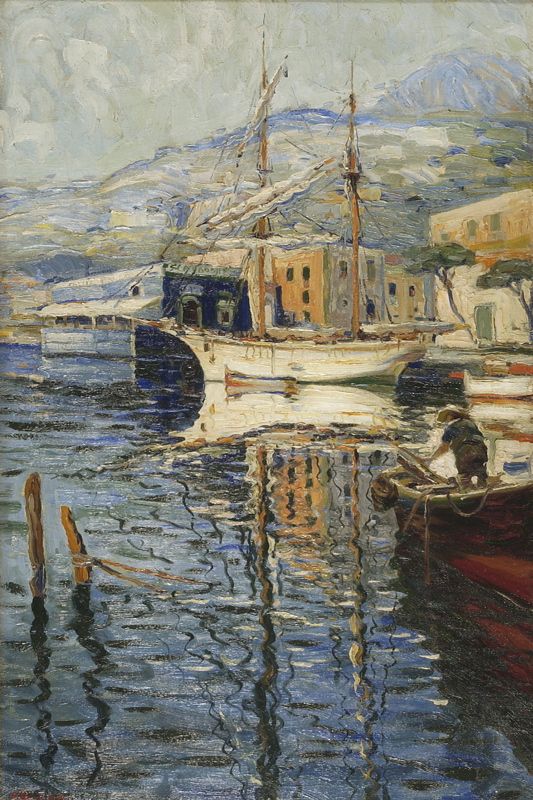 Appraisal: ANTHONY THIEMEAmerican - Two-masted schooner at a Mediterranean dock Signed